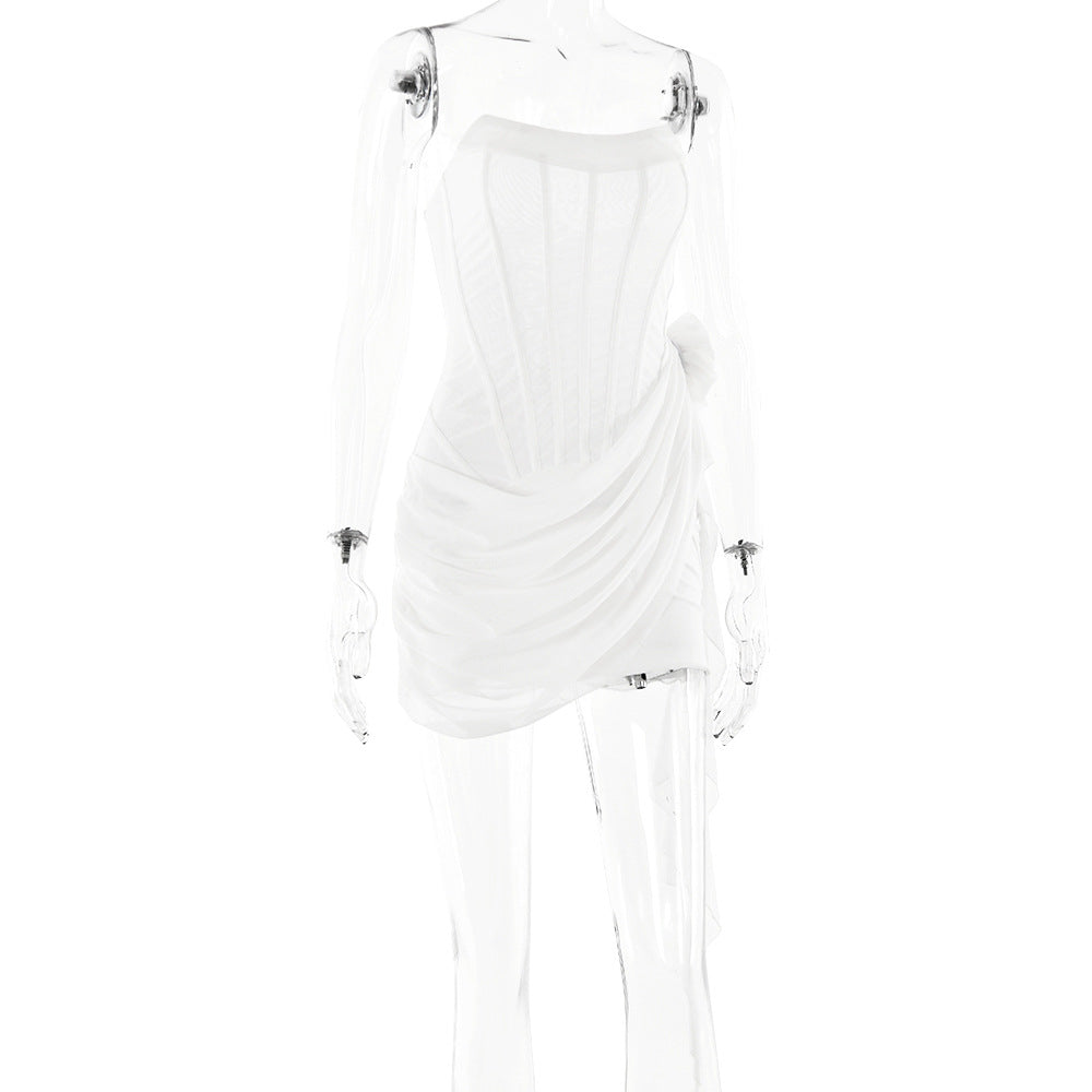 Strapless Corset Boned Draped Rosette Mini Dress