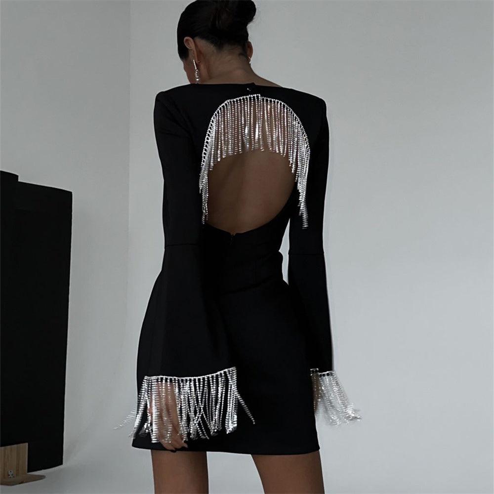 Halter Neck Rhinestone Chain Backless Mini Dress