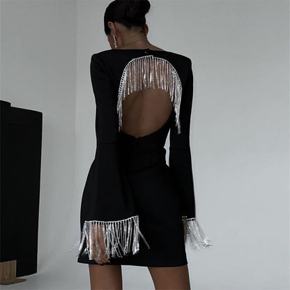 Halter Neck Rhinestone Chain Backless Mini Dress