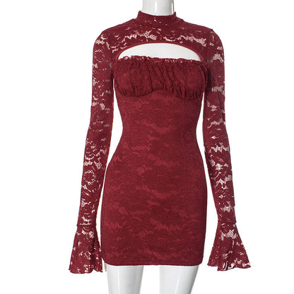 Mock Neck Chest Cutout Bell Sleeve Floral Lace Bodycon Mini Dress