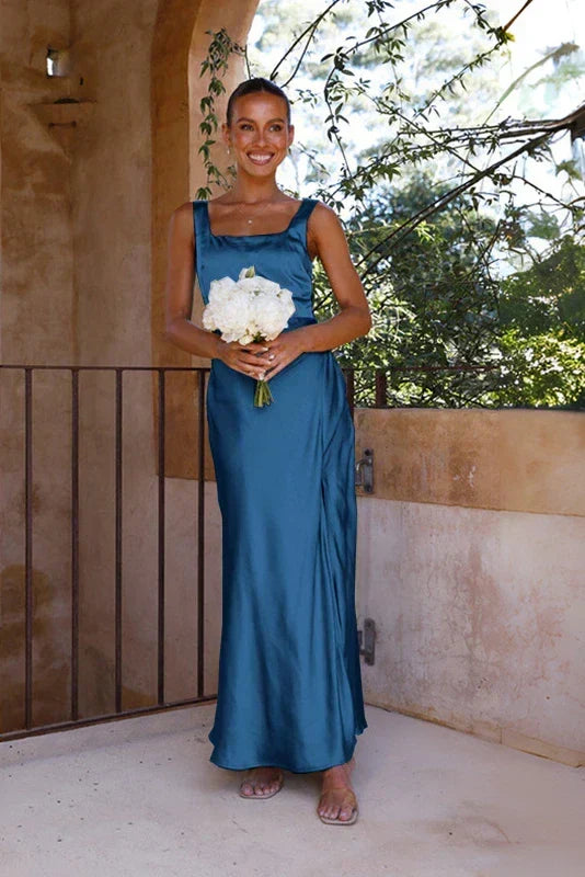 Square Neck Satin Side Slit Floor Length Gown