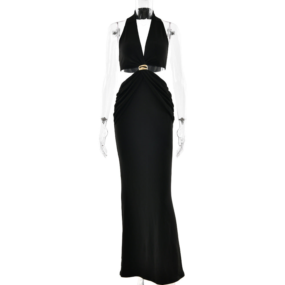 Halter Plunging V-Neck Side Waist Cutout Ring Detail Bodycon Maxi Dress