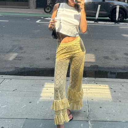 autumn and winter fashion sexy lace see-through trousers new style spliced ruffled versatile straight pants