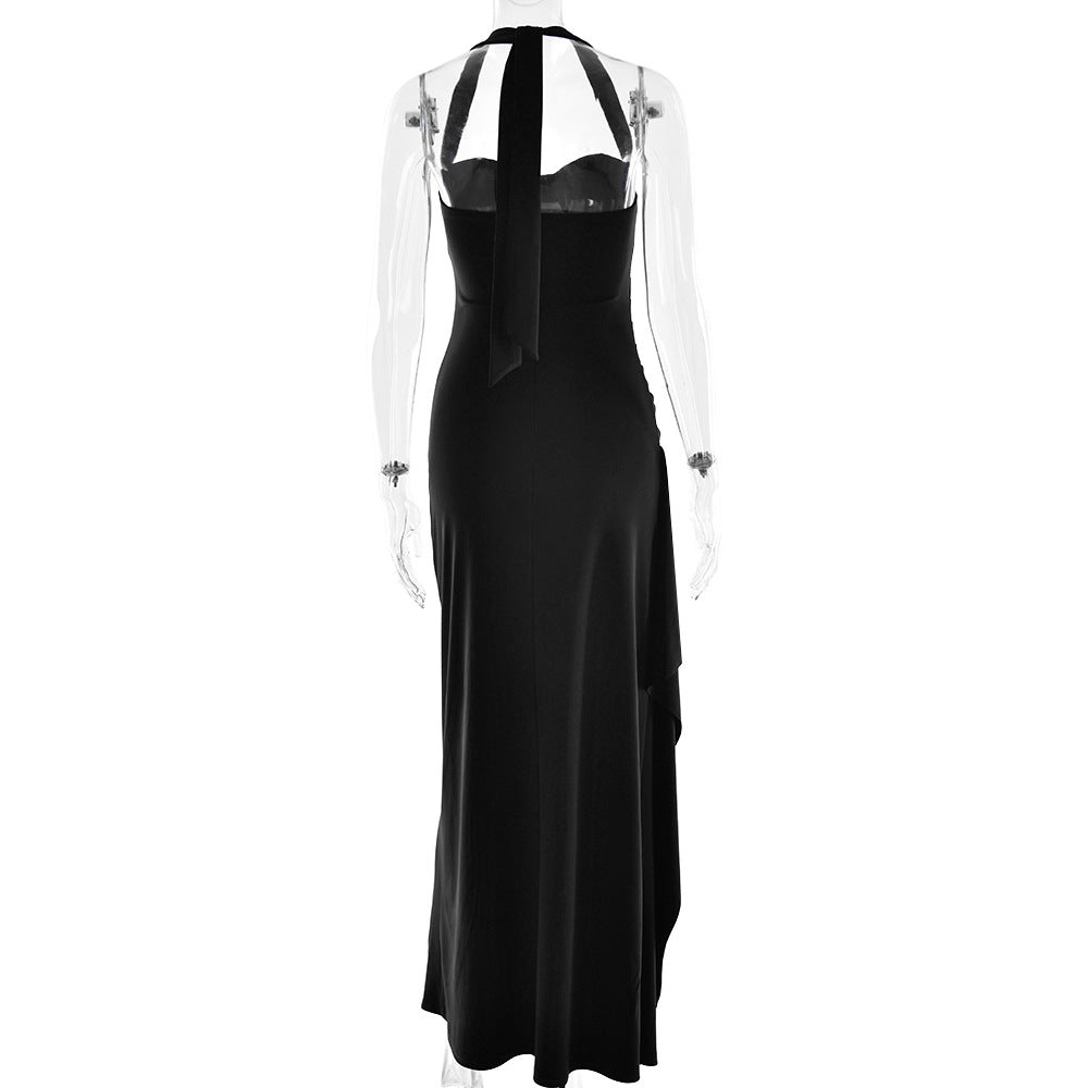 Long Sleeve Deep V Front Slit Column Maxi Dress