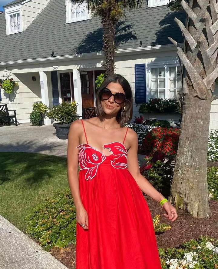 Spaghetti Strap Koi Fish Embroidered Pleated Maxi Dress