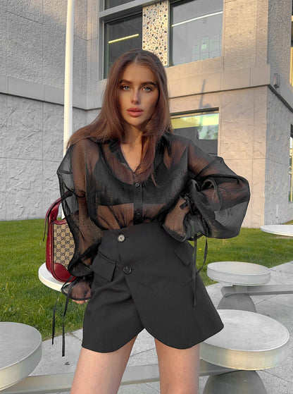 Lapel Puff Sleeve Commuter Shirt