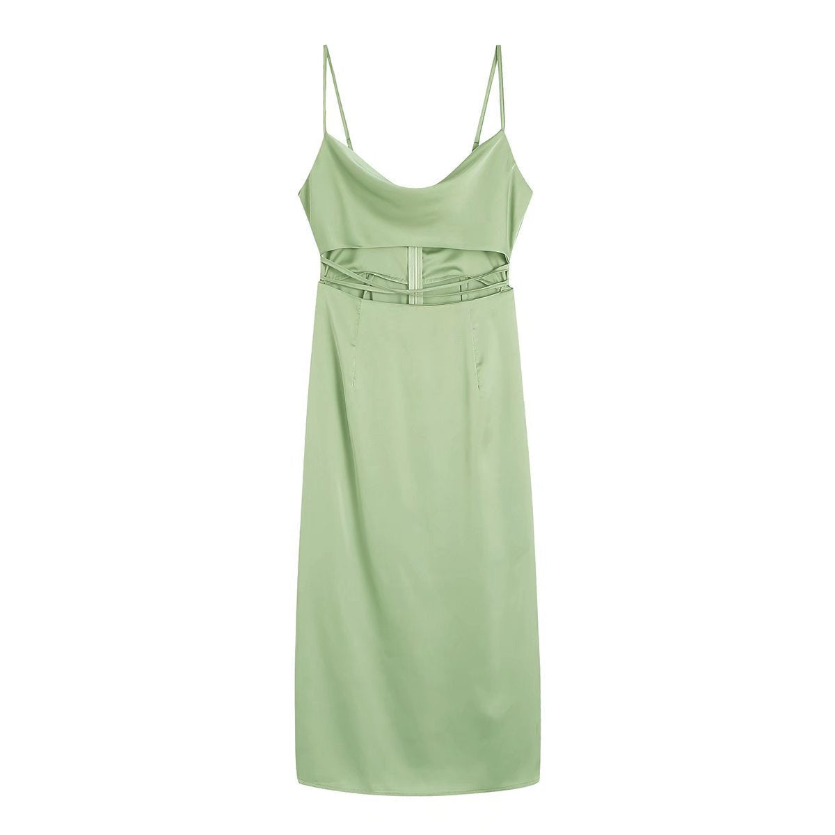 Cowl Neck Spaghetti Strap Criss Cross Waist Cutout Satin Maxi Dress