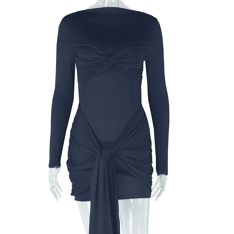 Boat Neck Twist Front Knot Waist Sash Ruched Long Sleeve Mini Dress