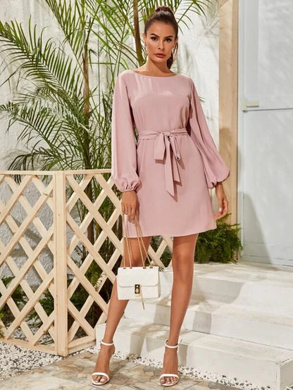 Boat Neck Bishop Sleeve Self Tie Waist Belted A Line Mini Dress