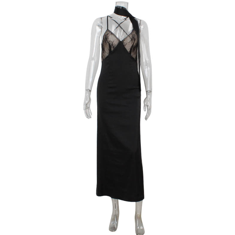 Lace Panel V Neck Spaghetti Strap Satin Maxi Gown With Scarf