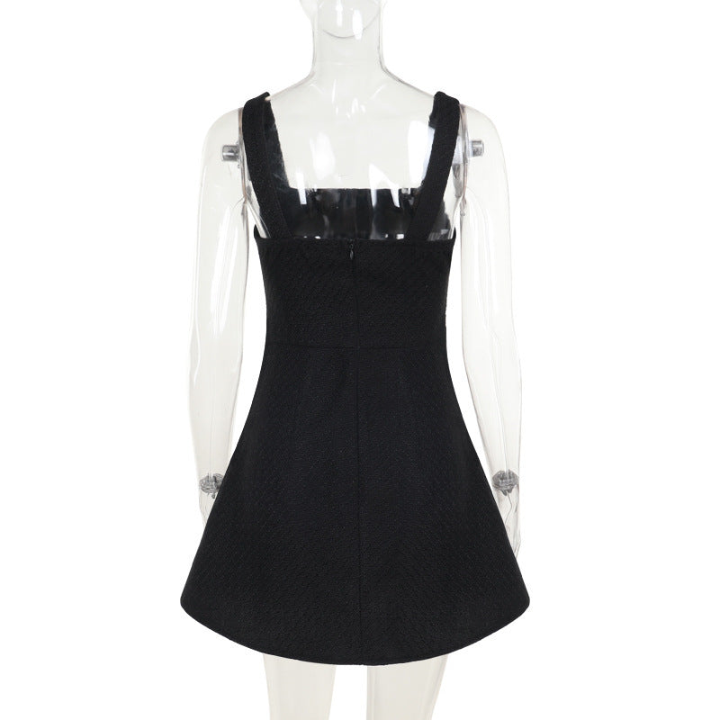 Square Neck Tweed Pearl Button Pocket A-Line Mini Dress
