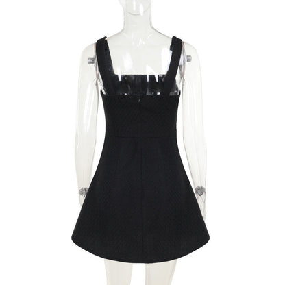 Square Neck Tweed Pearl Button Pocket A-Line Mini Dress