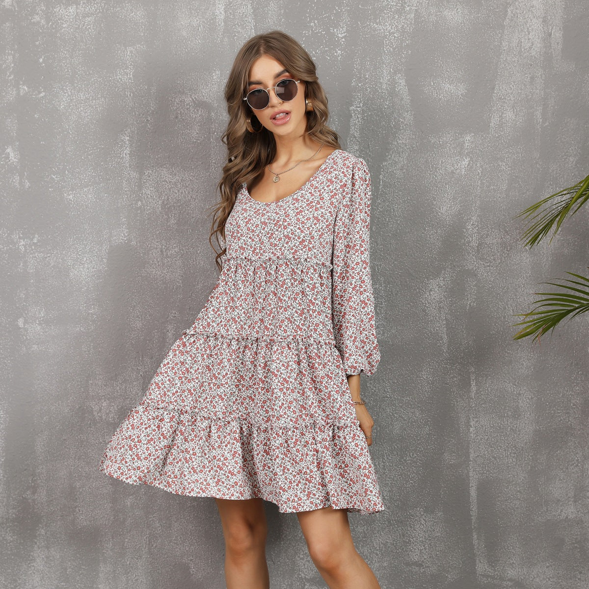 Round Neck Long Sleeve Ditsy Floral Tiered Babydoll Mini Dress