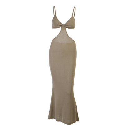 Twisted Sweetheart Cutout Waist Rib Knit Spaghetti Strap Maxi Dress