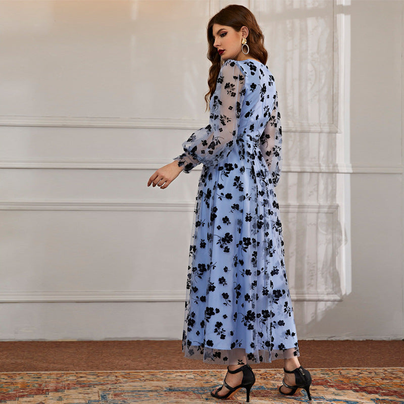 Wrap V Neck Tie Waist Sheer Floral Applique Long Sleeve Maxi Dress