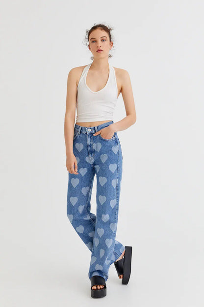 High Waist Vintage Heart Straight Jean