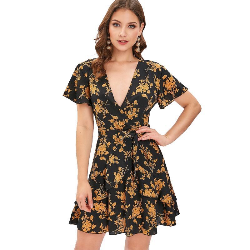 Deep V-Neck Flutter Sleeve Belted Ruffle Layer Floral Print Mini Dress