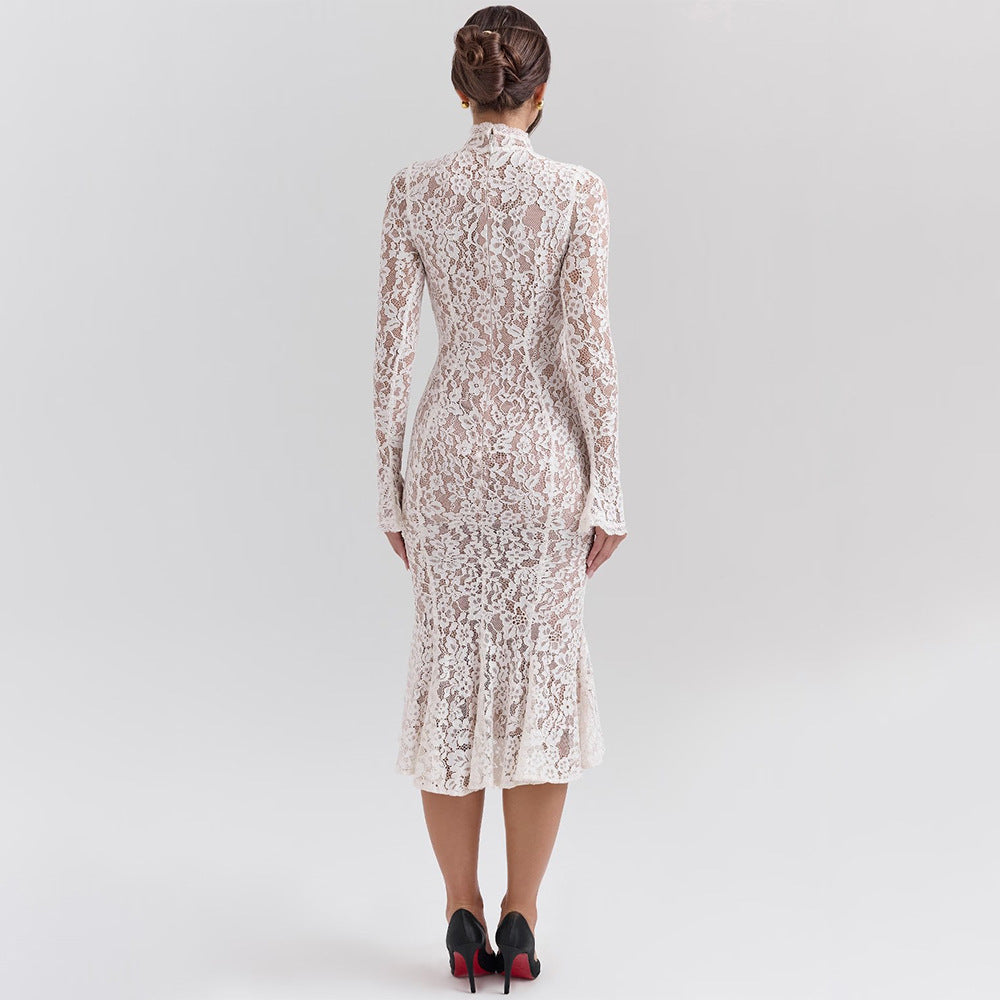 Mock Neck Sheer Floral Lace Flared Cuff Long Sleeve Bodycon Midi Dress