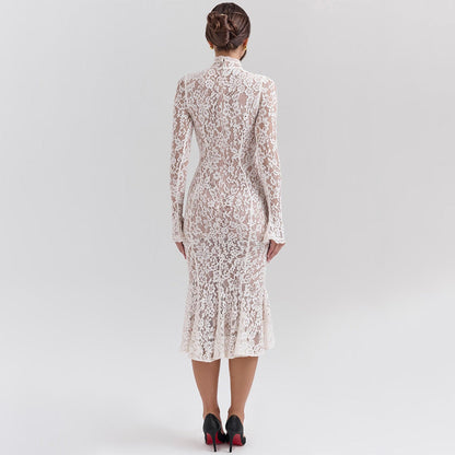 Mock Neck Sheer Floral Lace Flared Cuff Long Sleeve Bodycon Midi Dress