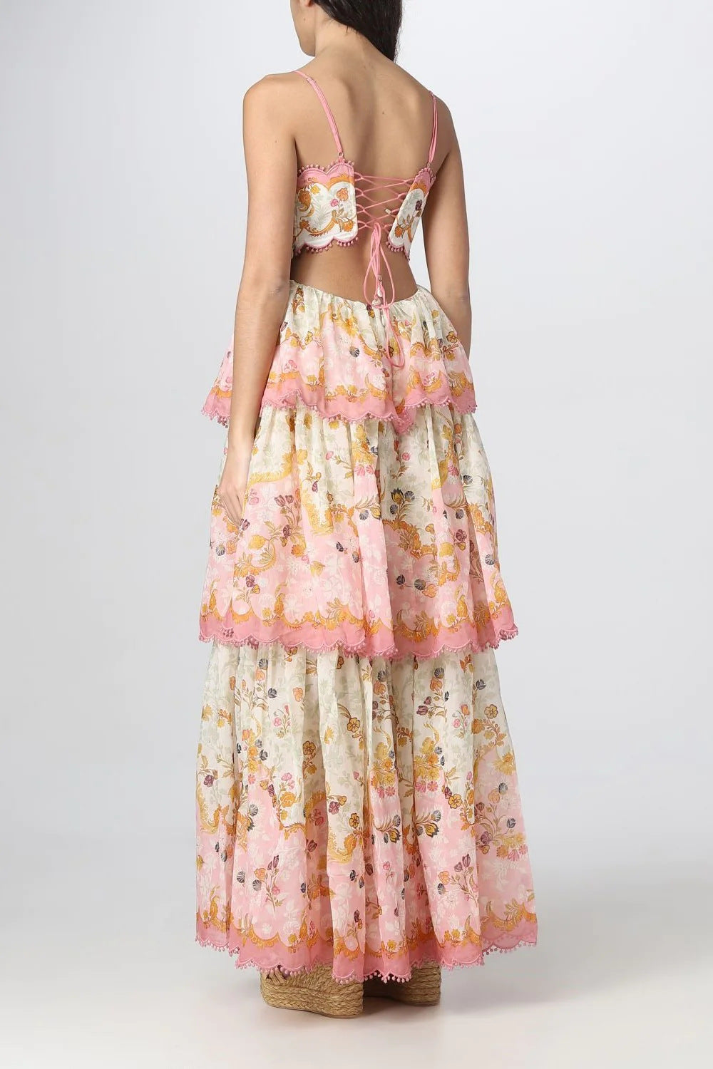Spaghetti Strap Scalloped Pom Trim Side Cutout Floral Mini Dress