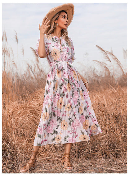 V Neck Button Front Textured Floral Tiered Ruffle Midi Dress