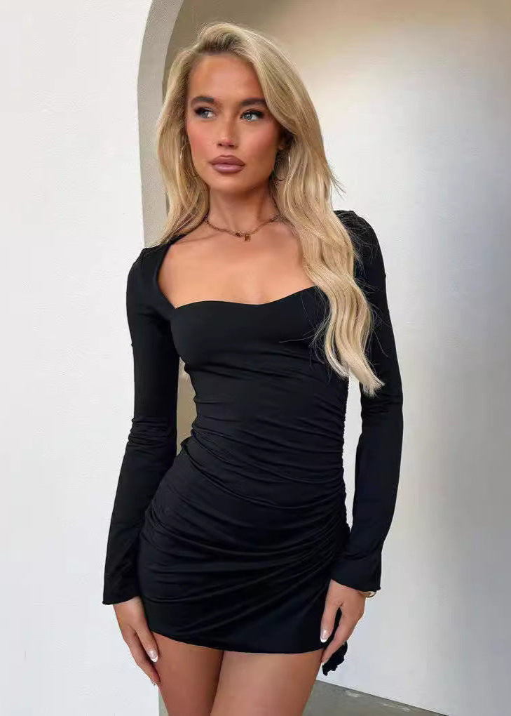 Sweetheart Neck Bell Sleeve Ruched Drawstring Asymmetrical Hem Mini Dress