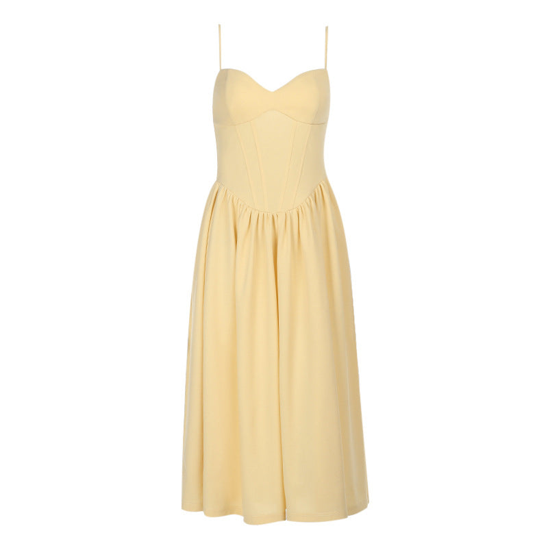 Spaghetti Strap Corset Bodice Flared Pleated Skirt Pocket Midi Dress
