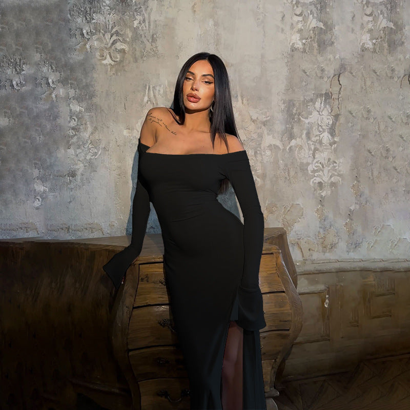Off Shoulder Long Sleeve High Slit Bodycon Maxi Gown