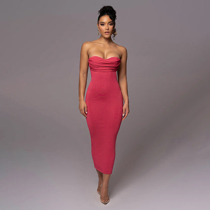 Cowl Neck Chain Strap Draped Shoulder Bodycon Maxi Dress