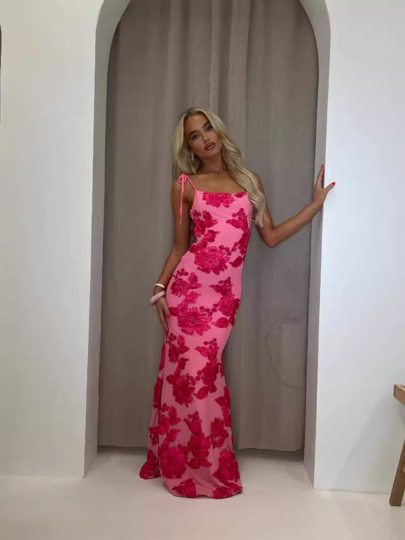 Floral Print Sweetheart Corset Lace Trim Spaghetti Strap Maxi Dress