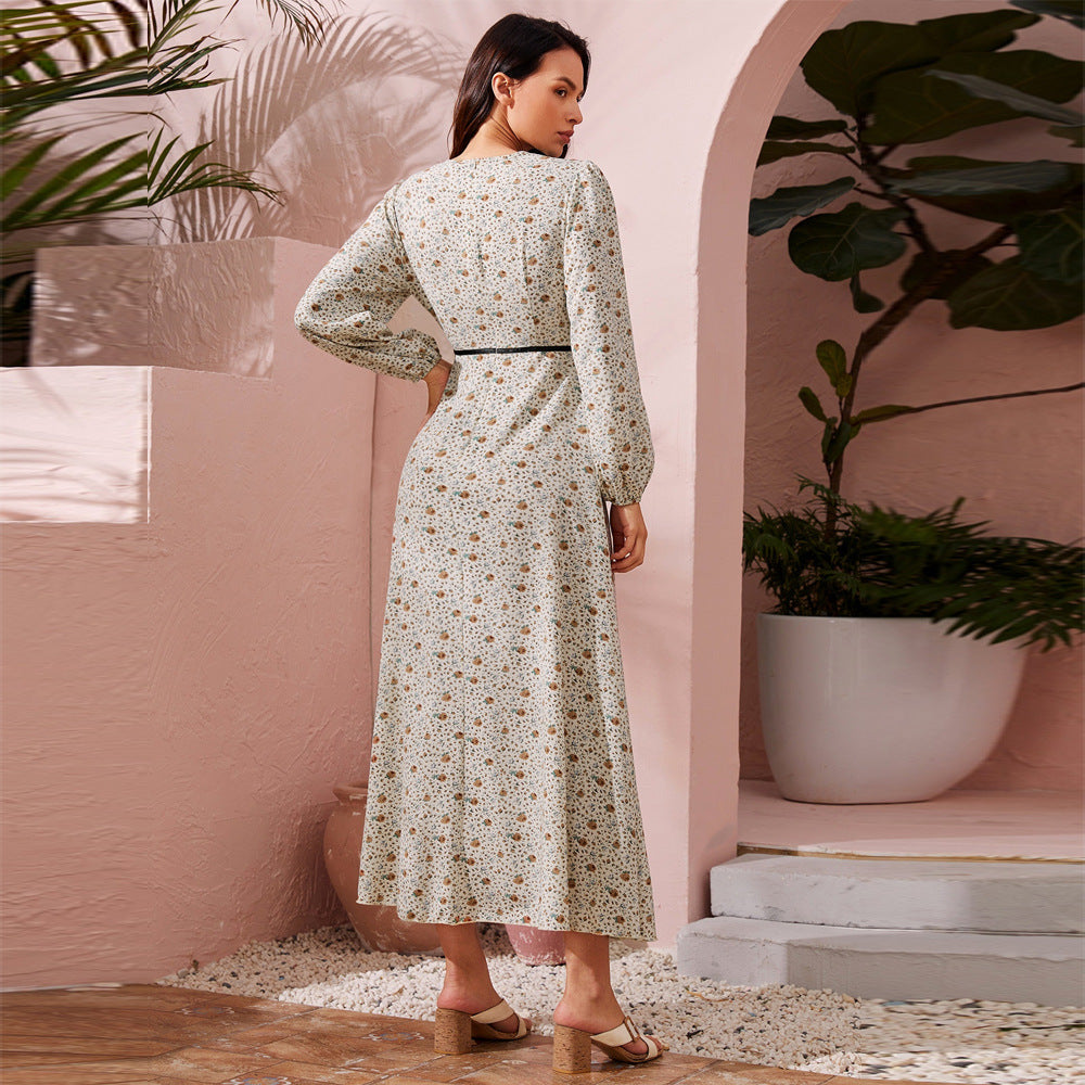 Deep V Lace Trim Ditsy Floral Bishop Sleeve Belted Maxi Dress