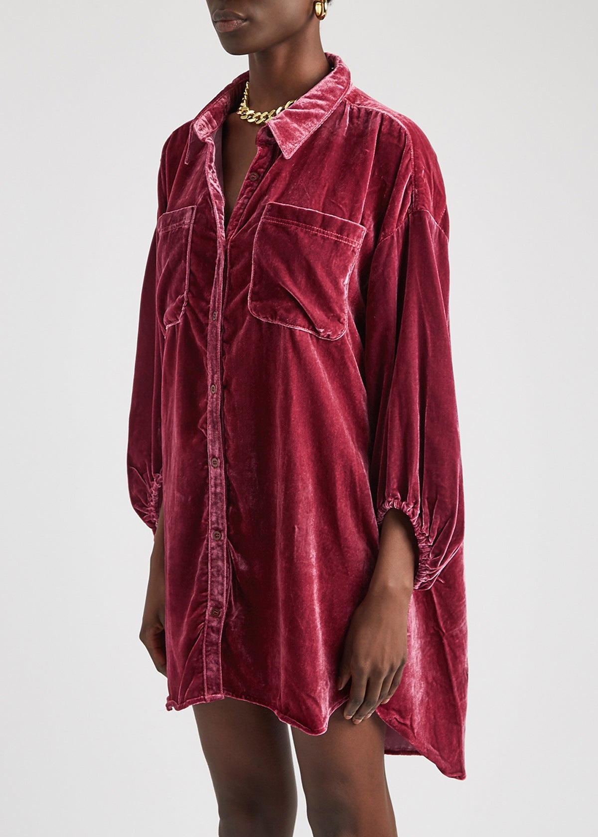 Wine Red Bishop Sleeve Button Front Velvet High Low Shirt Dress