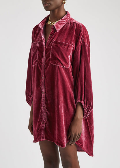 Wine Red Bishop Sleeve Button Front Velvet High Low Shirt Dress