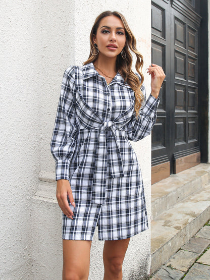 Collared Long Sleeve Tie Front Plaid Mini Shirt Dress