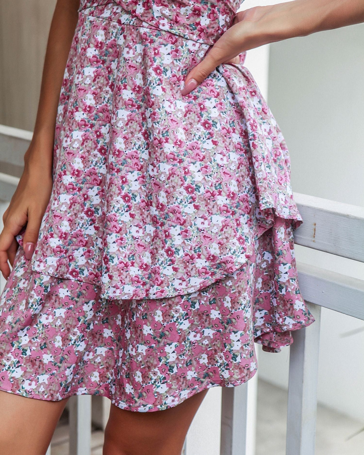 Sweetheart Puff Sleeve Wrap Waist Tiered Ruffle Tulip Hem Floral Mini Dress