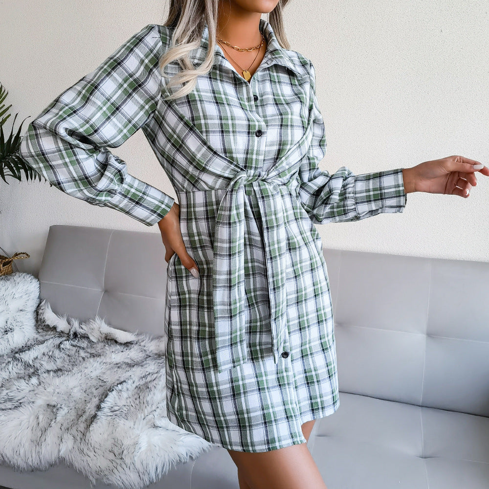 Collared Button Front Tie Waist Plaid Mini Shirt Dress