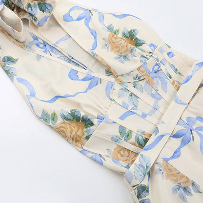 Halter Corset Ribbon Print Belted A-Line Midi Dress