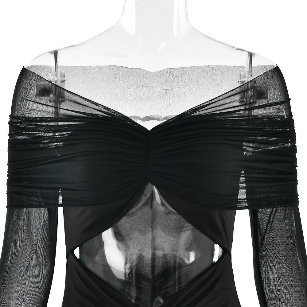 Off Shoulder Mesh Sleeve Diamond Cutout Ruched Column Maxi Gown