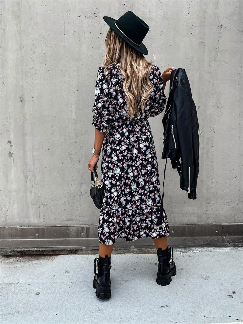 Deep V Floral Print Button Front High Slit Midi Dress
