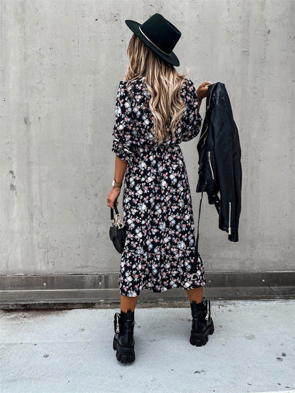 Deep V Floral Print Button Front High Slit Midi Dress