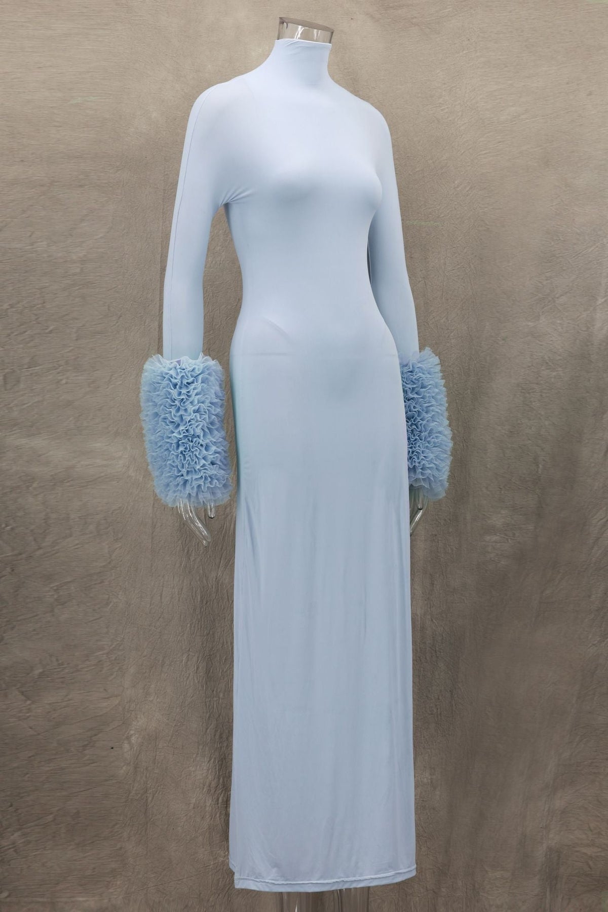 Mock Neck Ribbed Knit Oversized Ruffle Cuff Column Maxi Gown