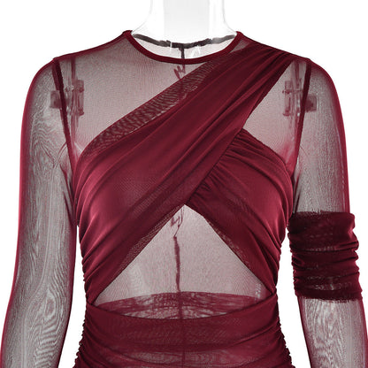 Crew Neck Sheer Mesh Ruched Cutout Overlay Maxi Dress