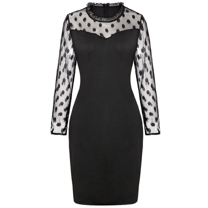 Mock Neck Sweetheart Mesh Yoke Polka Dot Puff Sleeve Bodycon Mini Dress