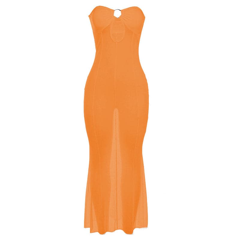 Sheer Mesh Tube Keyhole Ring Center Seam Bodycon Maxi Dress