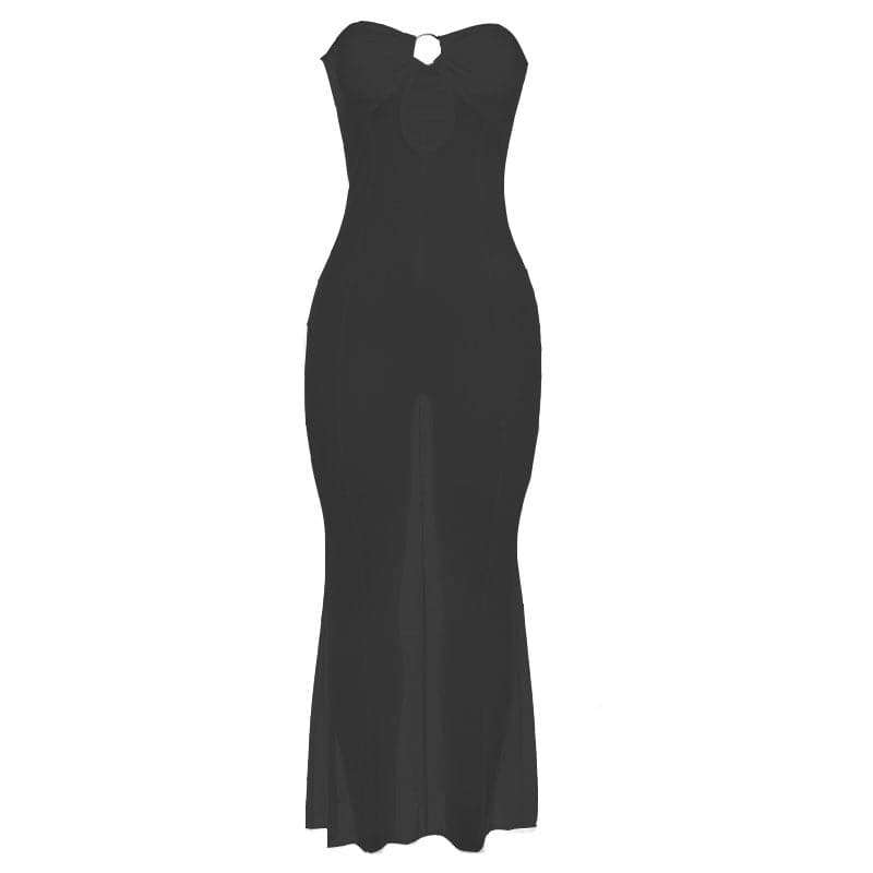 Sheer Mesh Tube Keyhole Ring Center Seam Bodycon Maxi Dress