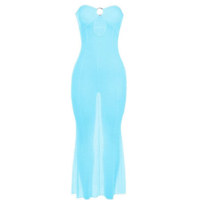 Sheer Mesh Tube Keyhole Ring Center Seam Bodycon Maxi Dress