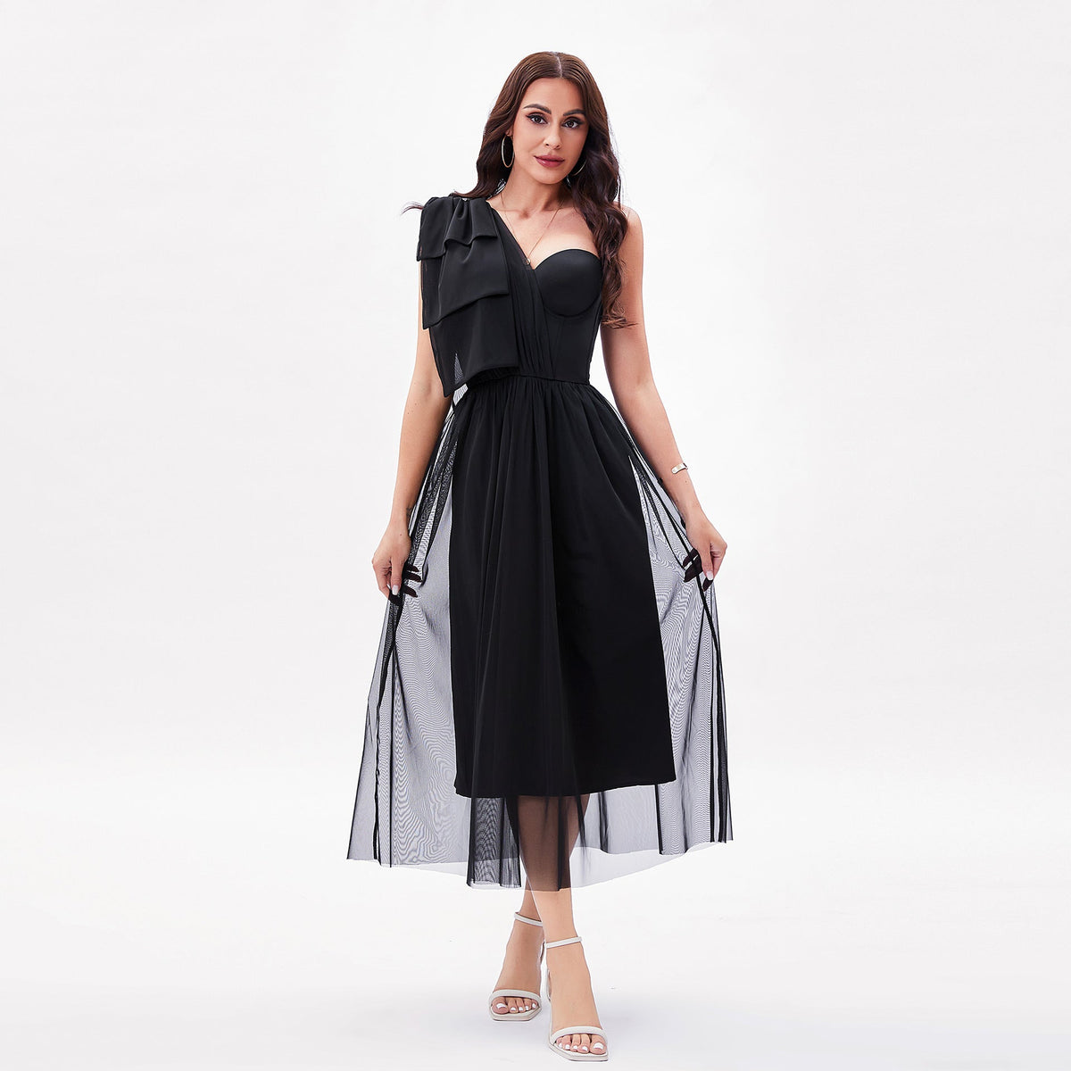 One Shoulder Ruffle Sweetheart Corset Sheer Pleated Mesh Midi Dress