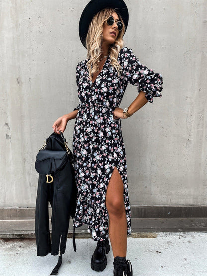 Deep V Floral Print Button Front High Slit Midi Dress