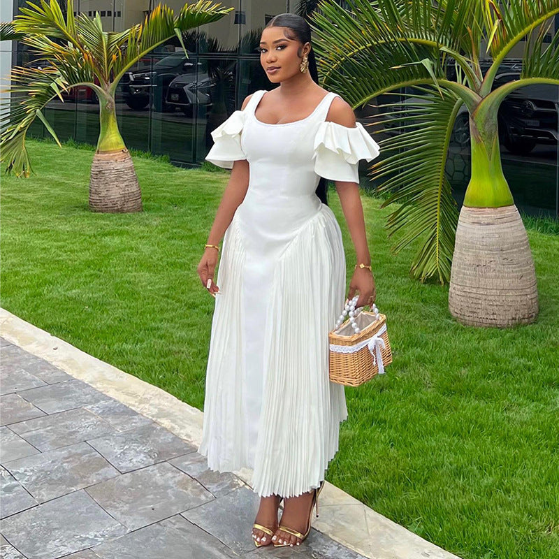 Scoop Neck Cold Shoulder Tiered Ruffle Sunray Pleated Midi Dress
