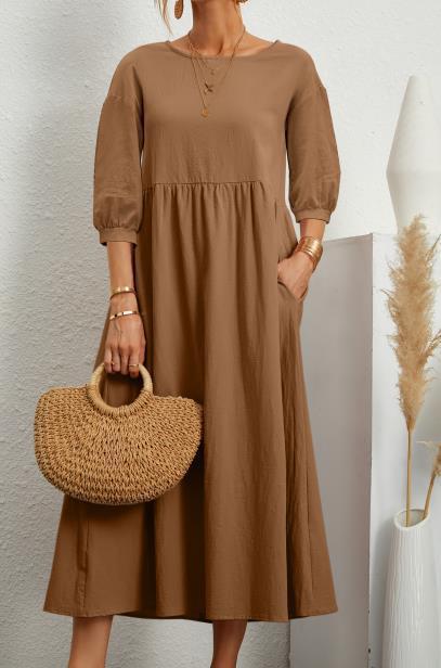 Round Neck Puff Sleeve Empire Waist Pocket Midi Dress